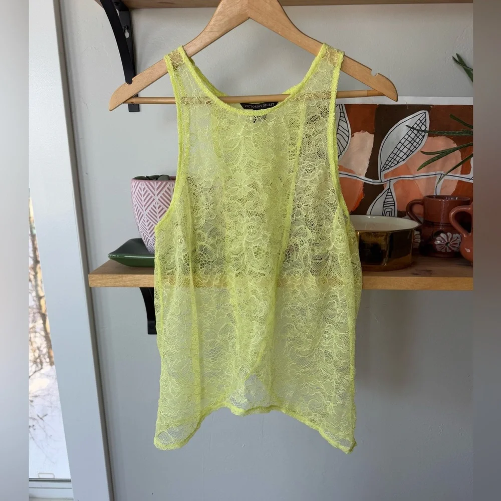 Victoria’s Secret Neon Yellow Sheer Lace Cross Back Tank Top Swim Cover Up Small - Picture 4 of 13